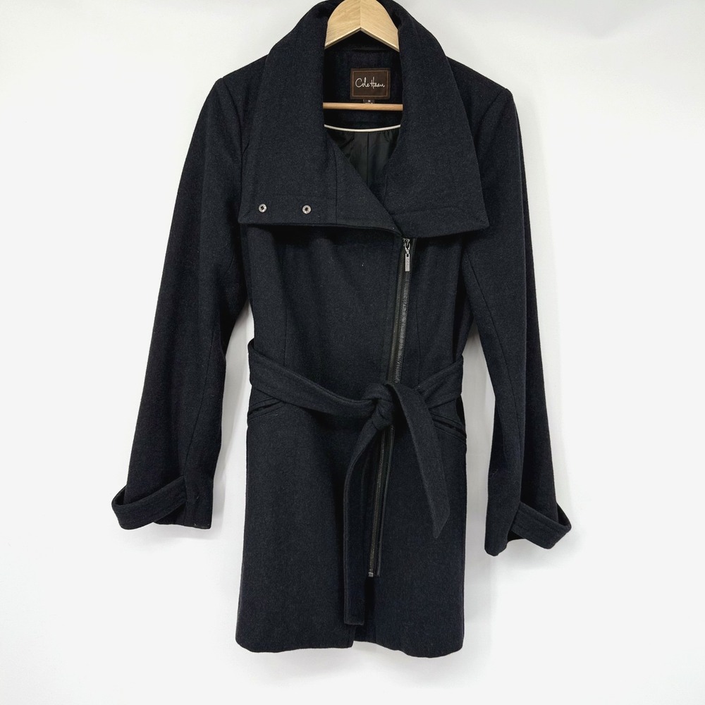 Cole Haan Wool Blend Coat Front Leather Trim Zip Belted Women's Size Medium
